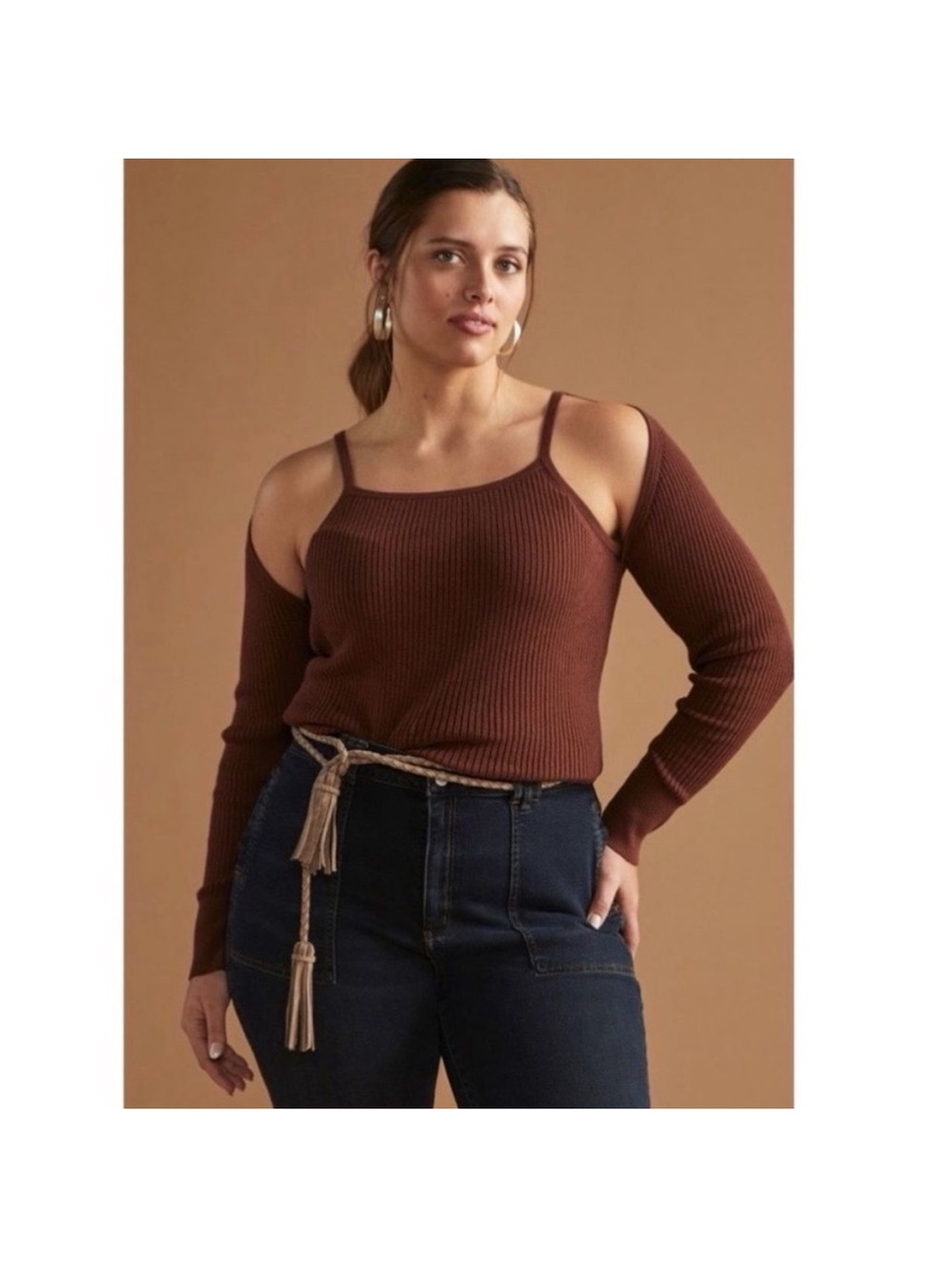 Anthropologie Ribbed Cut-Out Sweater Brown Size 2X